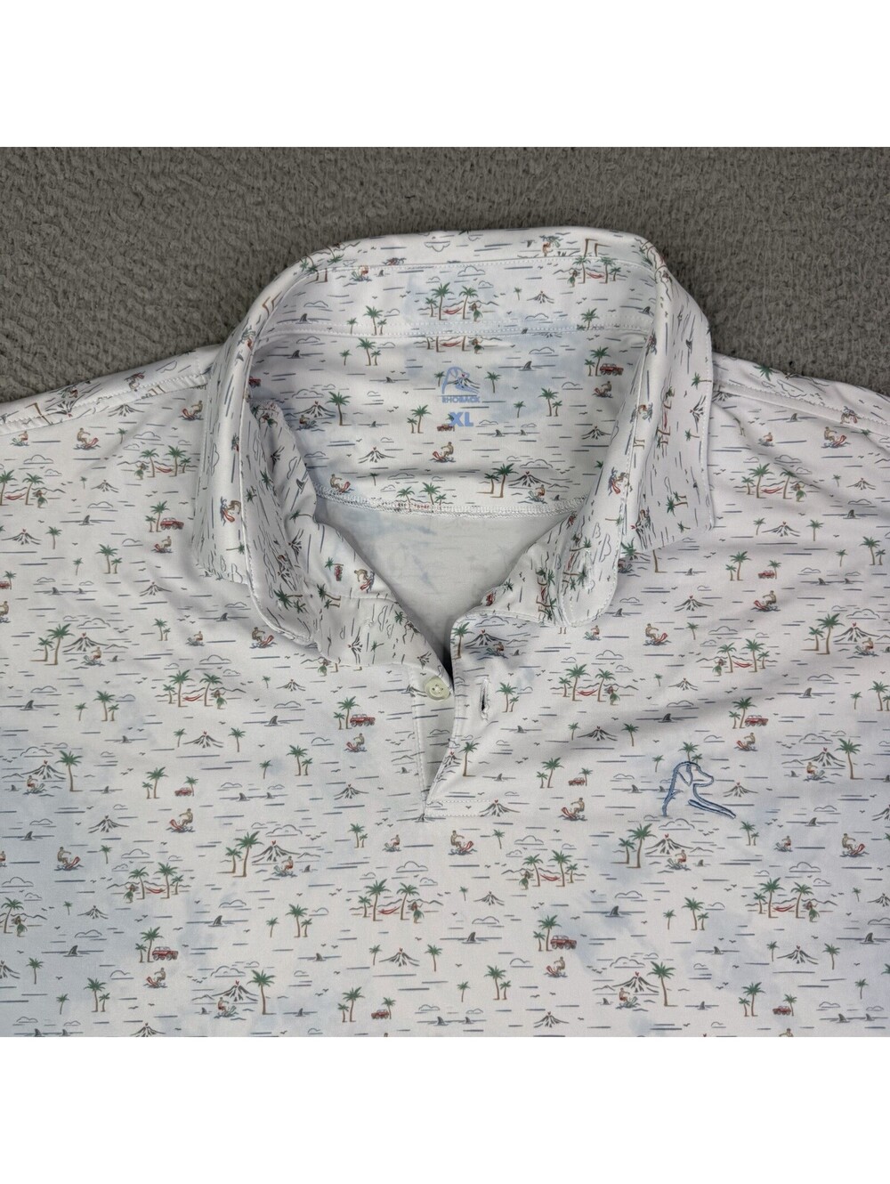 Rhoback Polo Shirt Mens XL White Hawaii Volcano Surf Print Performance Stretch